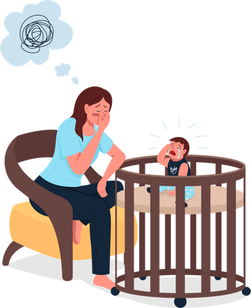 Tired mother with crying baby  Illustration