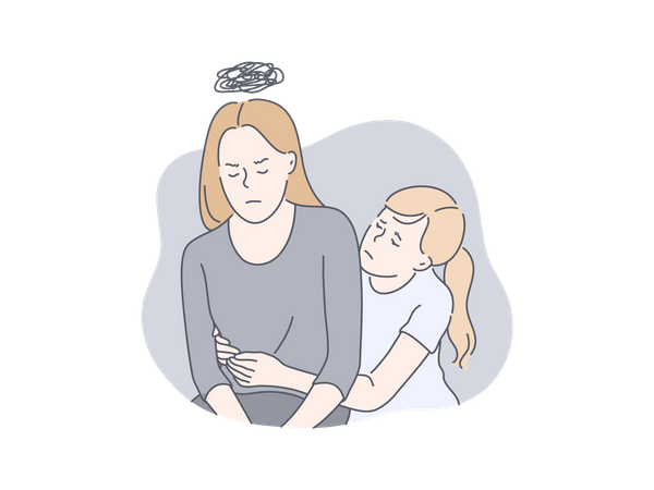 Tired mother with daughter  Illustration