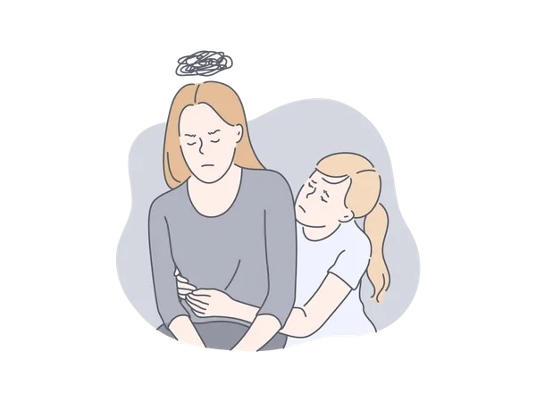 Tired mother with daughter  Illustration