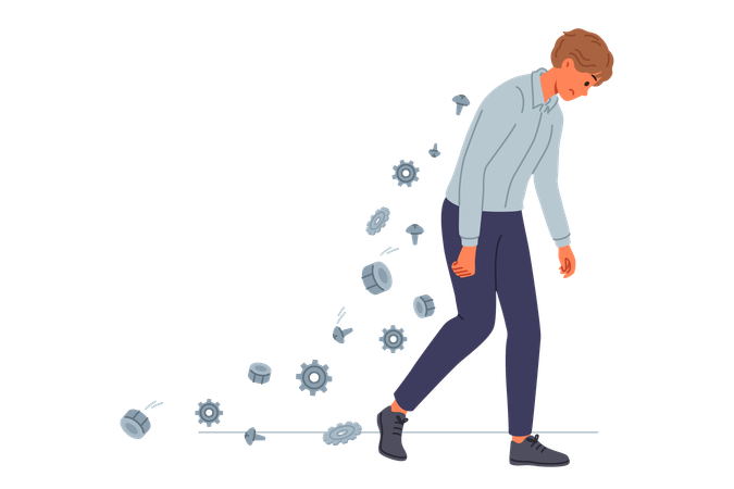 Tired office man feels burnout and pain in back goes dropping bolts and cogs from spine  Illustration
