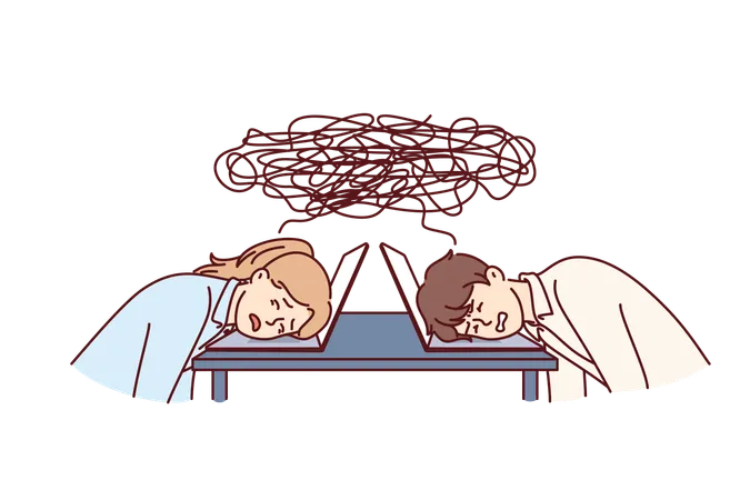 Tired Office Workers Put Their Heads On Table With Laptop Due To Workplace Overload Or Lack Of Coherence In Company Tired Man And Woman With Erratic Negative Thoughts From Long Distance Relationship Illustration