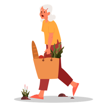 Tired Old Lady while doing grocery shopping Illustration