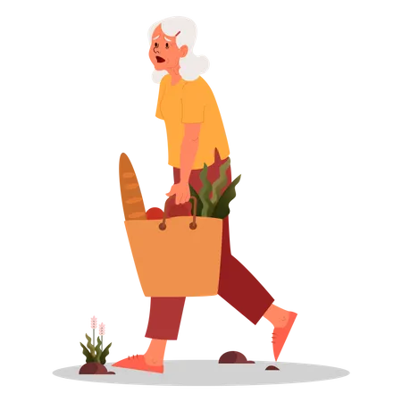 Tired Old Lady while doing grocery shopping Illustration
