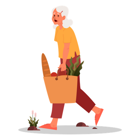 Tired Old Lady while doing grocery shopping  Illustration