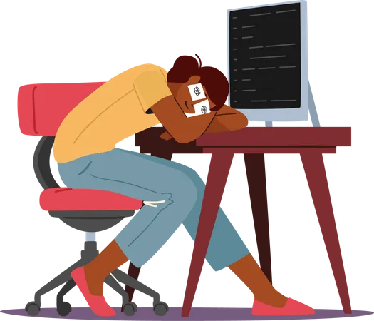 Tired Overload Businesswoman Sleeping on Office Desk with Drawn Eyes  Illustration