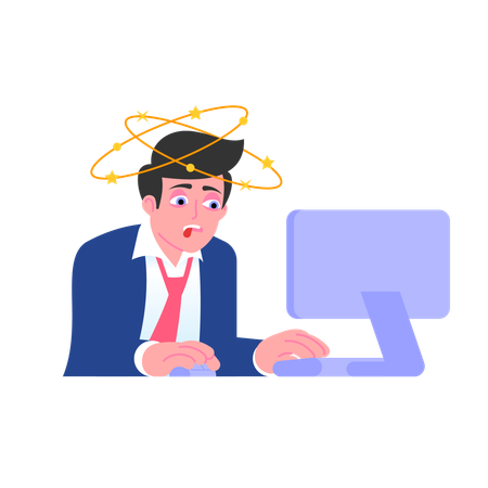 Tired overworked businessman working at computer  Illustration