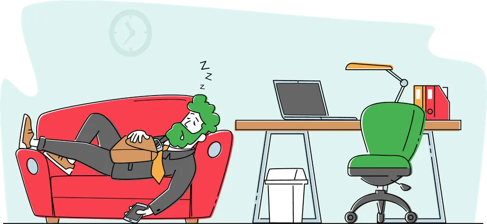Tired Overworked Worker Business Character Sleep On Couch Near Office Desk Laziness Emotional Burnout Employee Sleeping At Working Place With Smartphone In Hand Linear People Vector Illustration Illustration