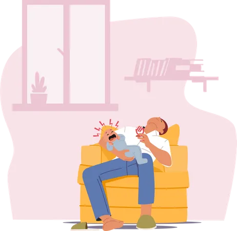 Tired Parent with Crying Child at Home Illustration
