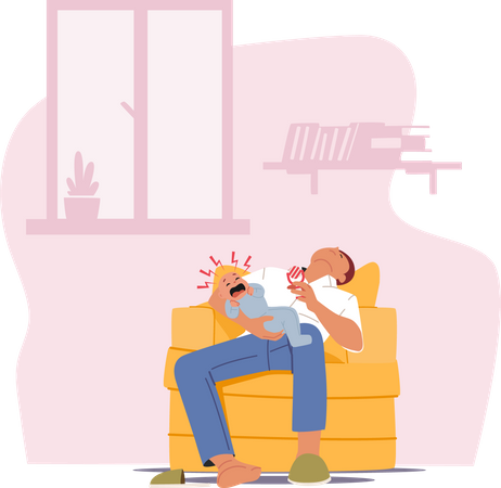 Tired Parent with Crying Child at Home  Illustration