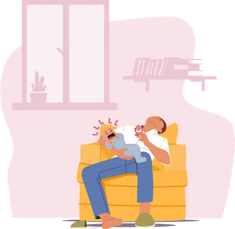 Tired Parent with Crying Child at Home  Illustration