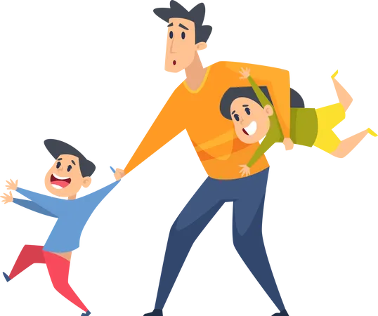 Tired parents with crazy active kids  Illustration