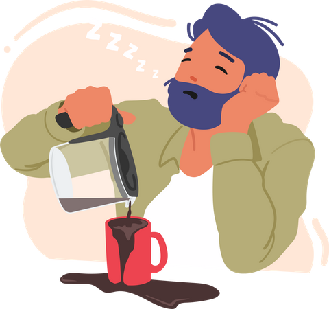 Tired sleepy Man pouring coffee into cup  Illustration