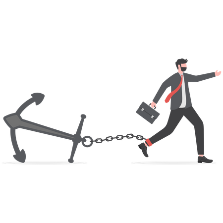 Tired stress businessman trying hard to run forward with heavy anchor  Illustration