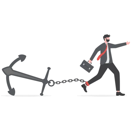 Tired stress businessman trying hard to run forward with heavy anchor  Illustration