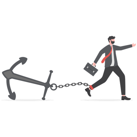 Tired stress businessman trying hard to run forward with heavy anchor  Illustration