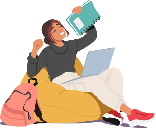 Tired Student  Sitting With Her Laptop And Books Illustration