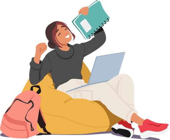 Tired Student  Sitting With Her Laptop And Books  Illustration