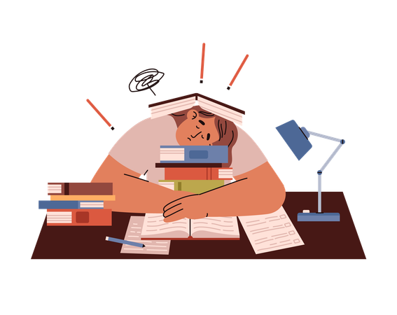 Tired student sleeping on table in pile of books  Illustration