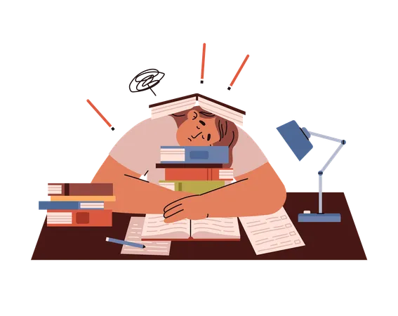 Tired student sleeping on table in pile of books  Illustration