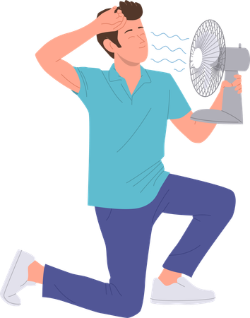 Tired sweaty man cooling down with air blower fan  Illustration