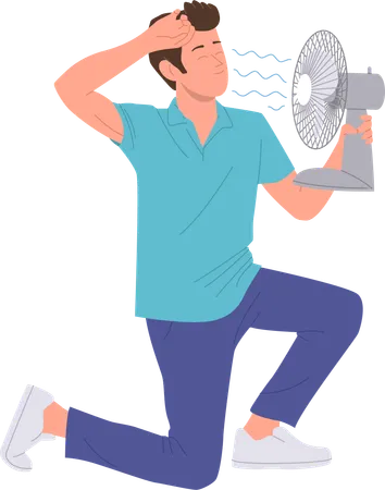 Tired sweaty man cooling down with air blower fan  Illustration