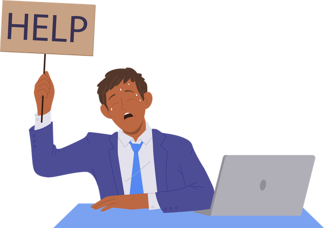 Tired sweaty office worker holding help message board sitting front of computer  Illustration