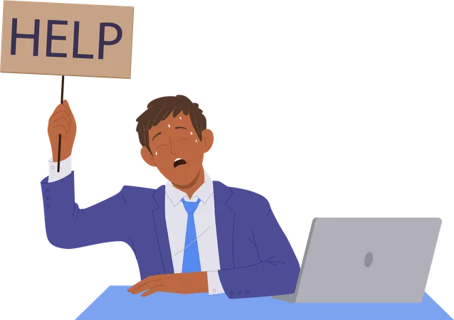 Tired sweaty office worker holding help message board sitting front of computer  Illustration