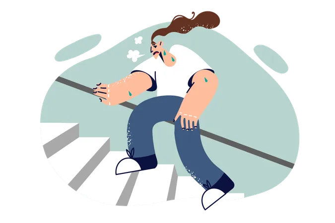 Tired woman climbs stairs and suffers from shortness of breath  Illustration