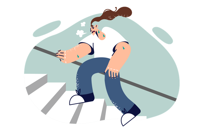 Tired woman climbs stairs and suffers from shortness of breath  Illustration