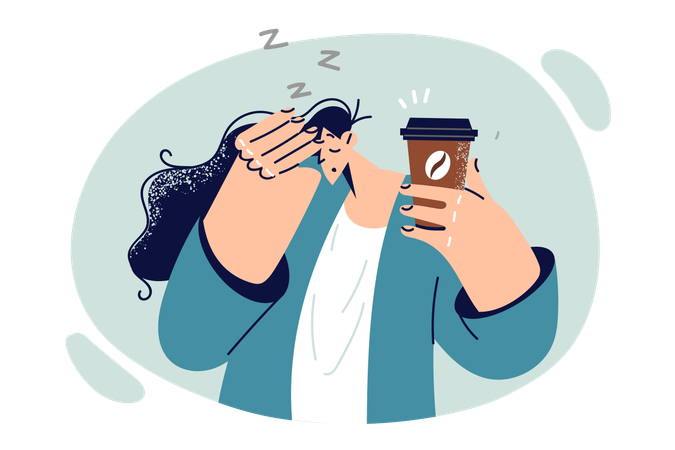 Tired woman drinks coffee to get rid of drowsiness and energize drink containing caffeine or taurine  Illustration
