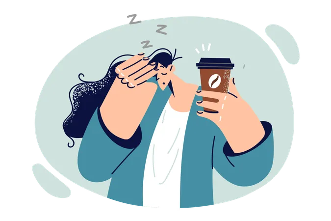 Tired woman drinks coffee to get rid of drowsiness and energize drink containing caffeine or taurine  Illustration