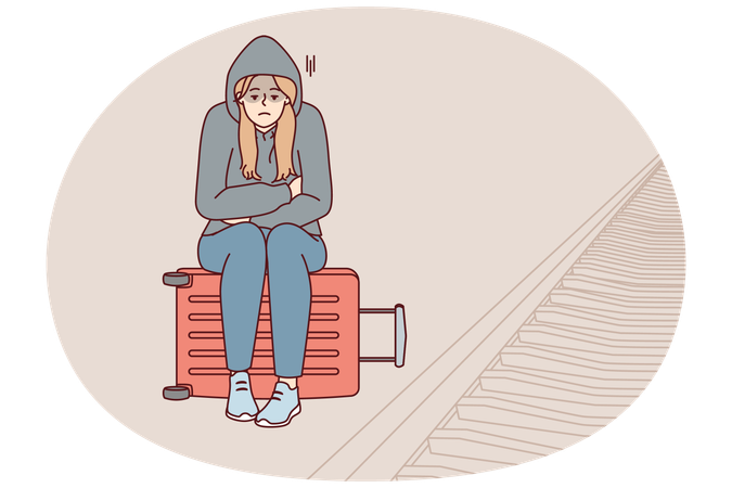 Tired woman sits on suitcase near railway waiting for train and freezes at station  Illustration