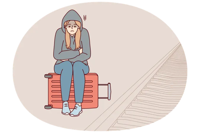 Tired woman sits on suitcase near railway waiting for train and freezes at station  Illustration