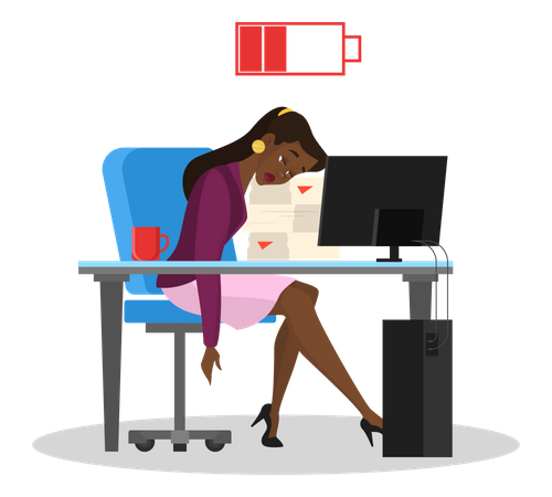 Tired woman sitting in office at the table  Illustration