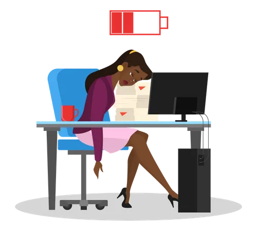 Tired woman sitting in office at the table  Illustration