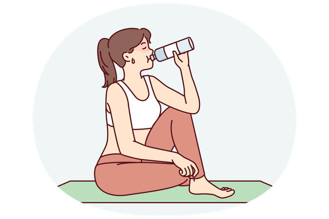Tired woman sitting on yoga mat and drinking water in time for break between exercises  Illustration