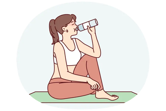 Tired woman sitting on yoga mat and drinking water in time for break between exercises  Illustration
