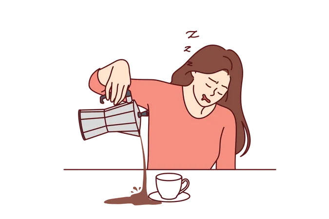 Tired Woman Spills Coffee Falling Asleep During Breakfast And Needing Vacation Due To Regular Overtime Sleepy Girl Suffers From Chronic Fatigue And Needs Coffee And Caffeinated Drinks Illustration