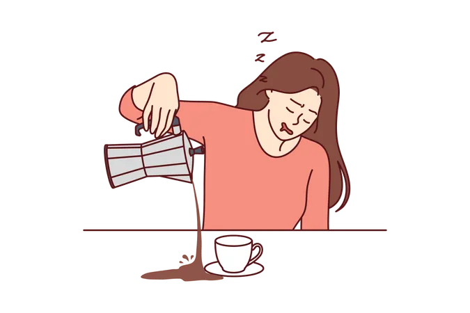 Tired woman spills coffee falling asleep  Illustration