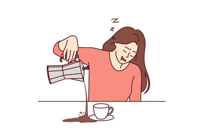 Tired woman spills coffee  イラスト