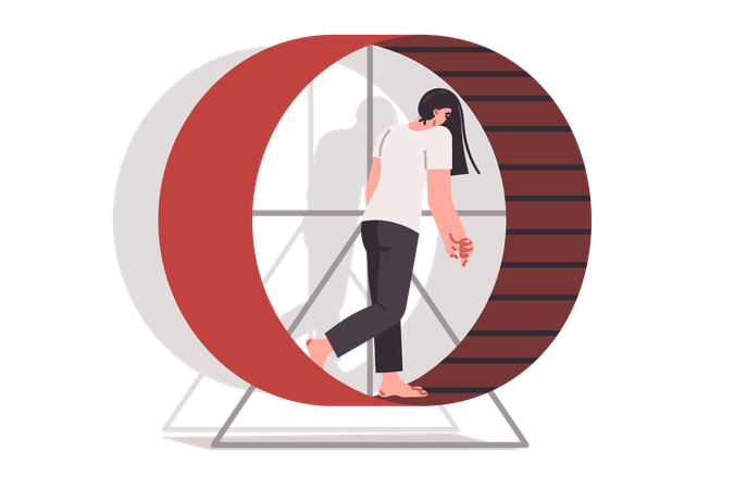 Tired woman walks on hamster wheel feeling burnout and frustration due to overwork  Illustration