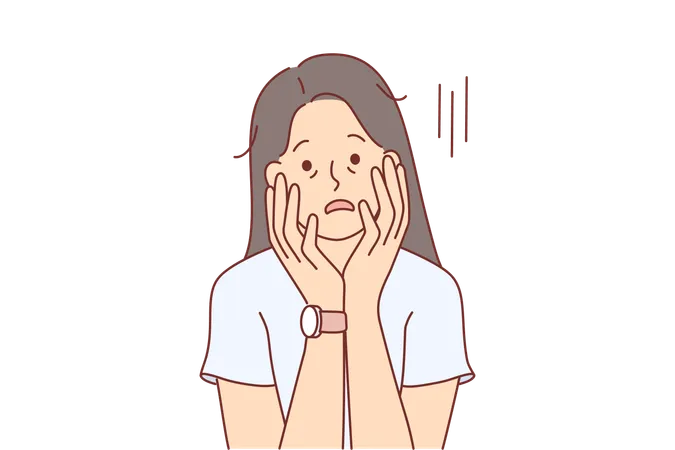 Tired woman with exhausted appearance touches face with hands  イラスト