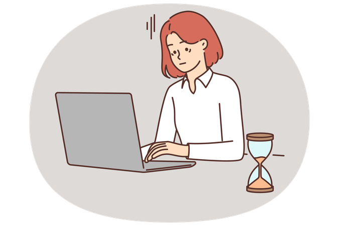 Tired woman with laptop works in office sitting near hourglass symbolizing tough deadlines  Illustration
