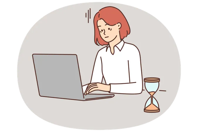 Tired woman with laptop works in office sitting near hourglass symbolizing tough deadlines  Illustration
