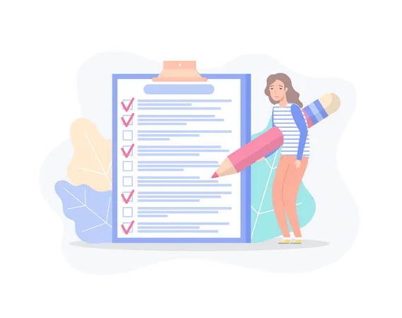 Tired Woman Holding Big Pencil And Drawing Check Marks Near Completed Items Vector Paper With Plan Of Targets With Person Strategy And Progress Vector Check List With Tick Mark Illustration