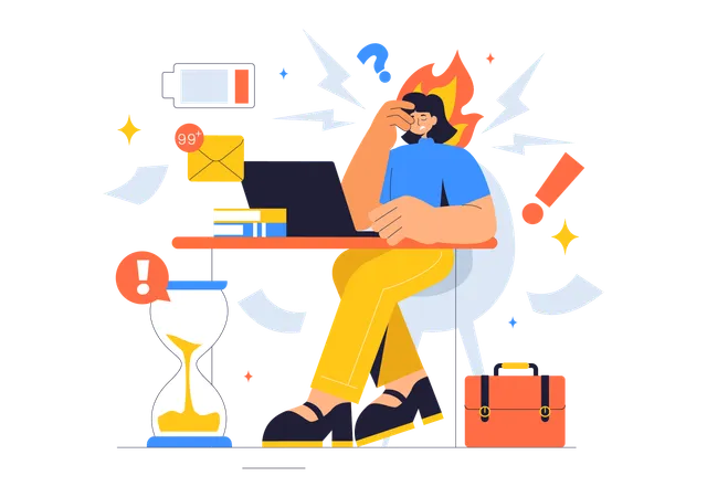 Tired woman working at office while having work load  Illustration