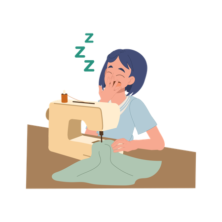 Tired woman works late sewing with machine looking sleepy and fatigued after long hours in home studio  Illustration