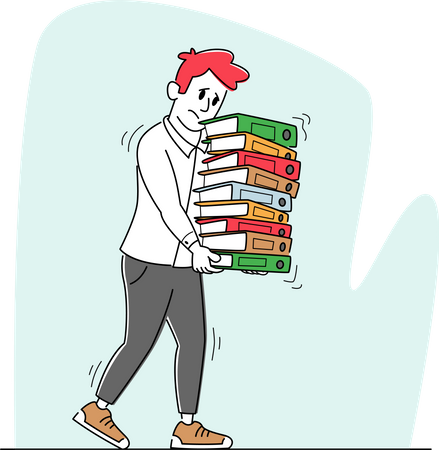 Tired Worker Man Carry Steak of Documents Folders  Illustration