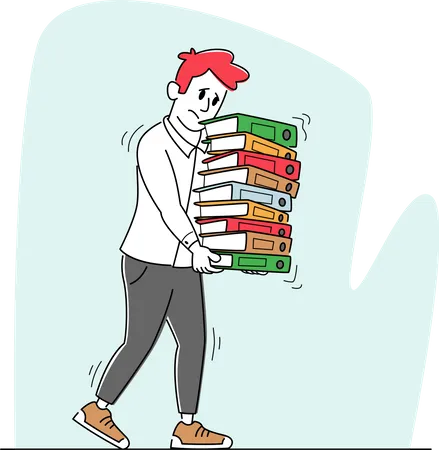 Tired Worker Man Carry Steak of Documents Folders  Illustration