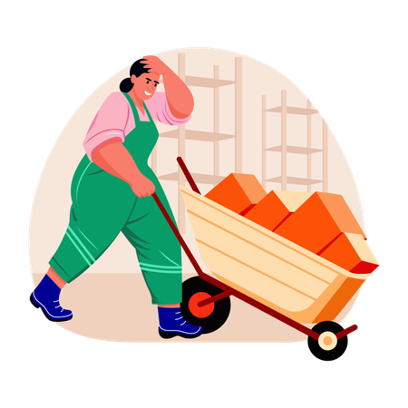Tired worker pushing a wheelbarrow  Illustration